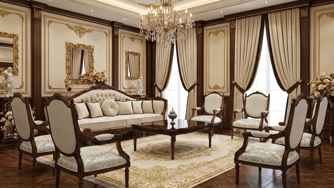رویه شانل کرم با نقش گل‌برجسته روی مبل کلاسیک اپکسیا